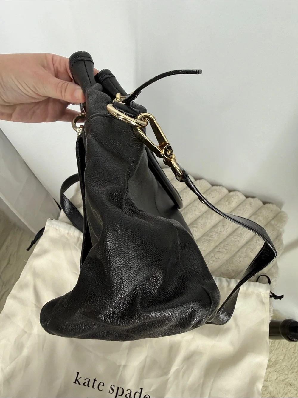 Kate Spade Black Leather Top-Handle Satchel Handbag with crossbody strap